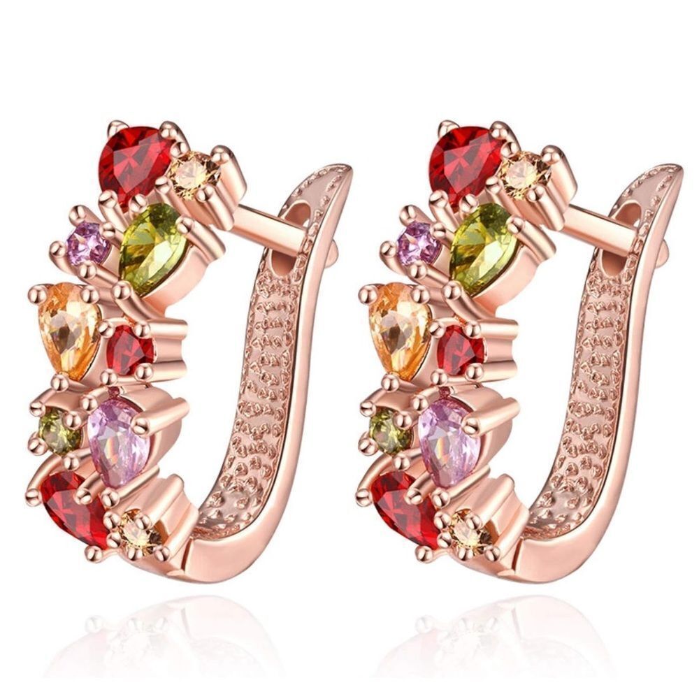 14K Rose Gold with Multicolored Cubic Zirconia French Clip Post Flower Earrings